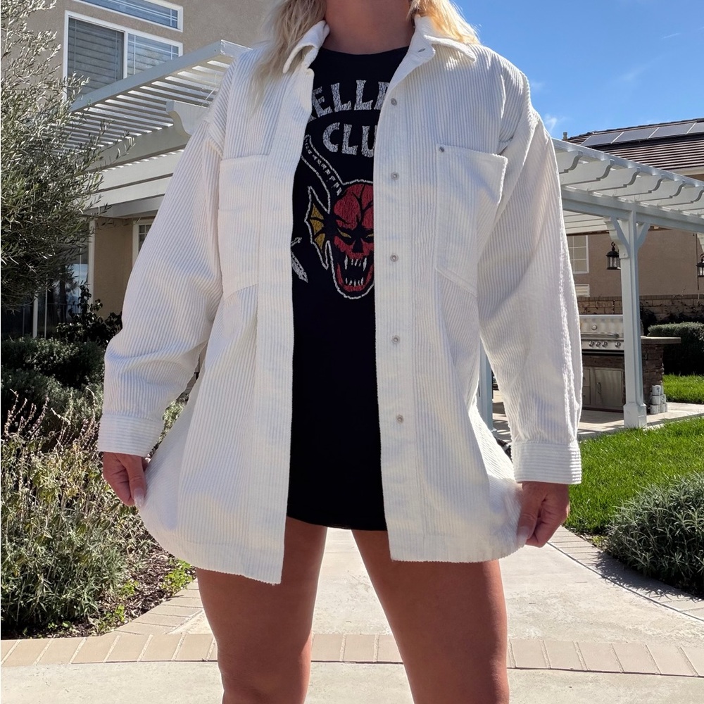 NWT Forever 21 Size Small Long White Cream Button-Up Corduroy Shirt Dress - Picture 3 of 6